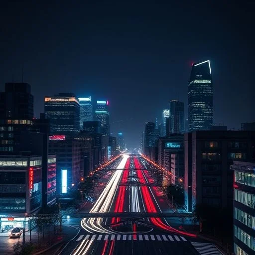 A breathtaking, ultra-wide, hyper-realistic aerial shot of a vast, futuristic metropolis at night, seen from a very high altitude, almost orbital. The city lights below glow in intricate, interconnected patterns, resembling a complex circuit board or neural network. Ethereal, flowing data streams and shimmering network lines in electric blue, luminous magenta, and soft gold abstractly overlay the urban grid, creating a powerful sense of interconnectedness, scale, and digital intelligence. The atmosphere is deep, clear, and slightly mysterious, with subtle atmospheric haze catching the light. Focus on geometric patterns of light and shadow. Style: Sci-fi, clean, high-resolution, deep contrast, futuristic urban digital art.